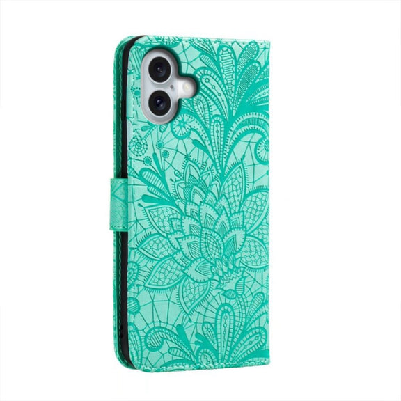 For iPhone 16 Plus Lace Flower Embossing Flip Leather Phone Case(Green)