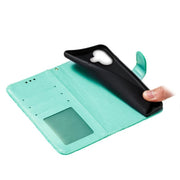 For iPhone 16 Plus Lace Flower Embossing Flip Leather Phone Case(Green)