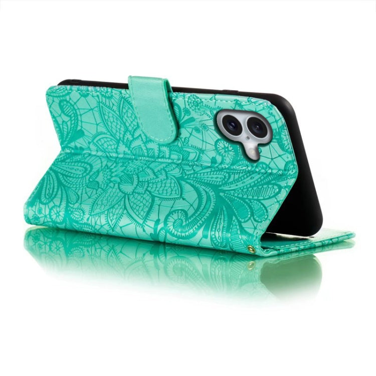 For iPhone 16 Plus Lace Flower Embossing Flip Leather Phone Case(Green)