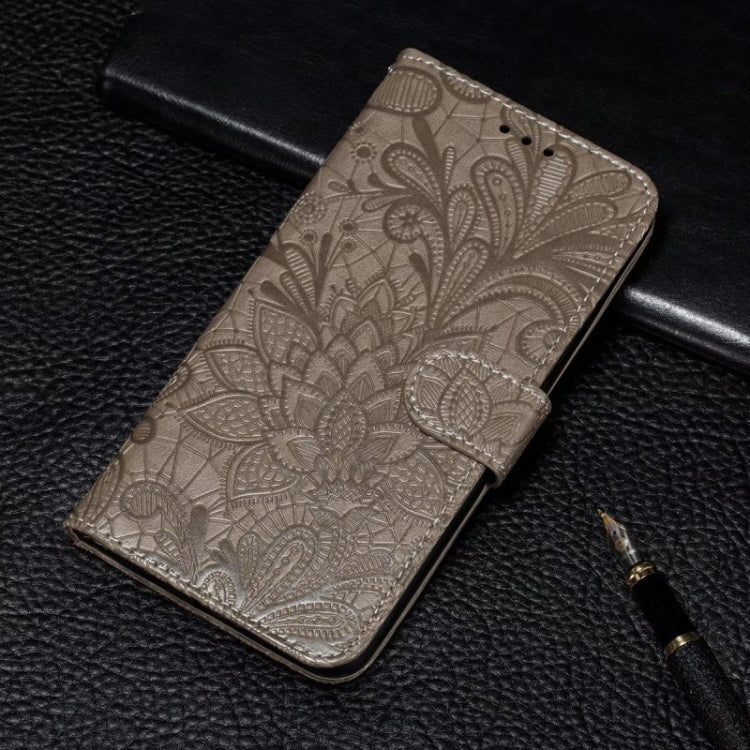 For iPhone 16 Pro Lace Flower Embossing Flip Leather Phone Case(Grey)