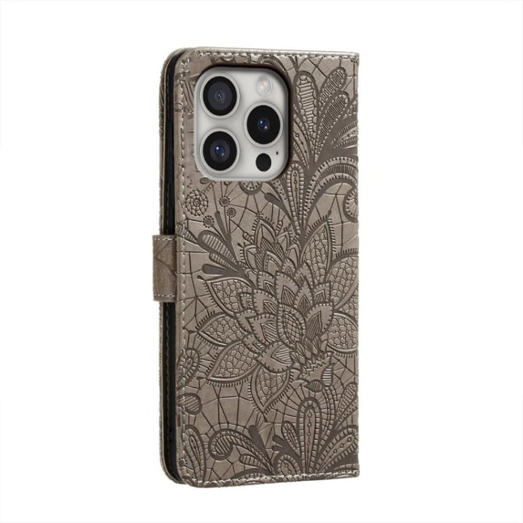 For iPhone 16 Pro Lace Flower Embossing Flip Leather Phone Case(Grey)