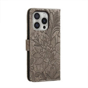 For iPhone 16 Pro Lace Flower Embossing Flip Leather Phone Case(Grey)