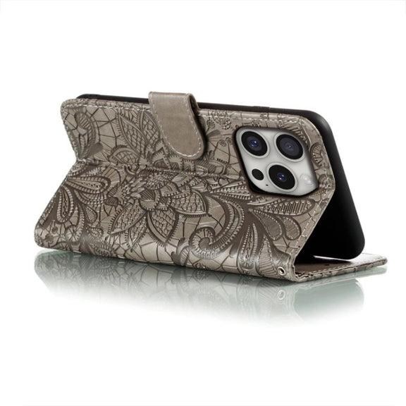 For iPhone 16 Pro Lace Flower Embossing Flip Leather Phone Case(Grey)