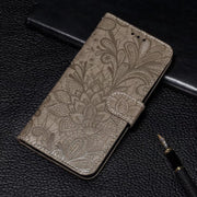 For iPhone 16 Pro Max Lace Flower Embossing Flip Leather Phone Case(Grey)
