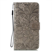 For iPhone 16 Pro Max Lace Flower Embossing Flip Leather Phone Case(Grey)