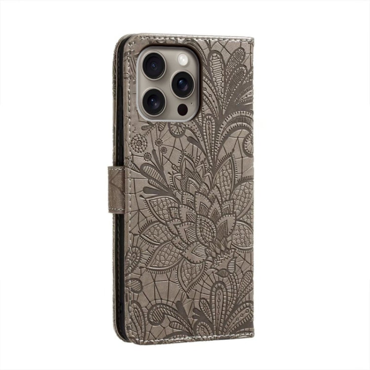 For iPhone 16 Pro Max Lace Flower Embossing Flip Leather Phone Case(Grey)