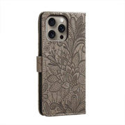 For iPhone 16 Pro Max Lace Flower Embossing Flip Leather Phone Case(Grey)