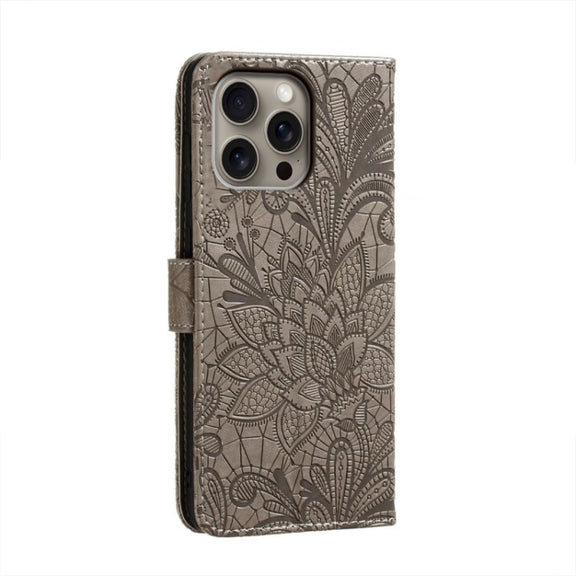 For iPhone 16 Pro Max Lace Flower Embossing Flip Leather Phone Case(Grey)