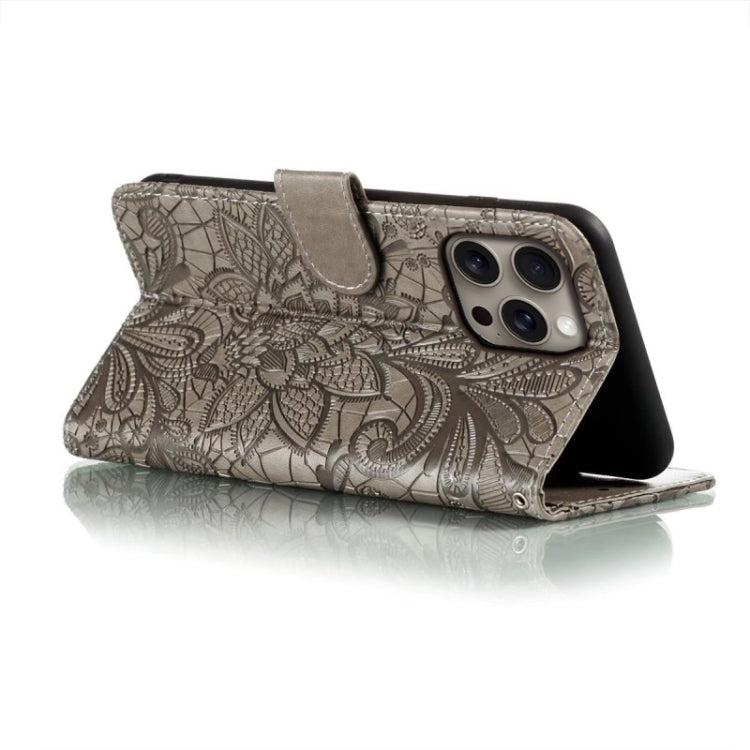 For iPhone 16 Pro Max Lace Flower Embossing Flip Leather Phone Case(Grey)