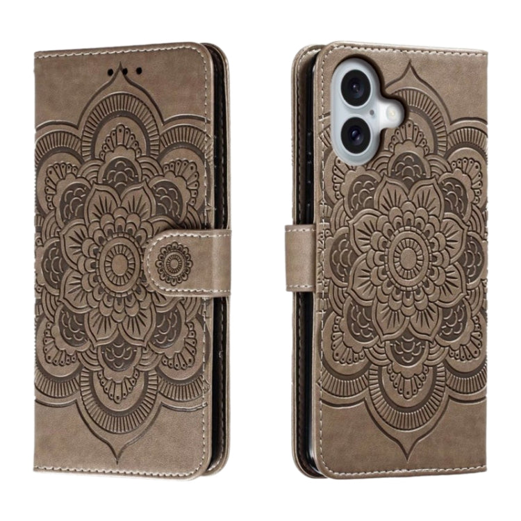 For iPhone 16 Mandala Embossing Pattern Horizontal Flip Leather Phone Case(Gray)