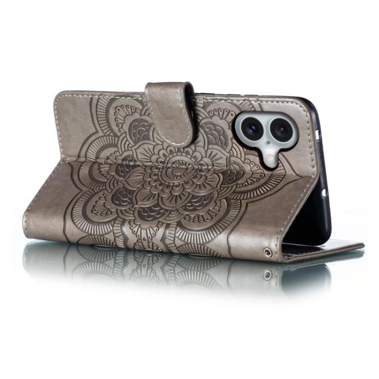For iPhone 16 Mandala Embossing Pattern Horizontal Flip Leather Phone Case(Gray)