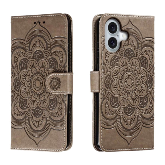 For iPhone 16 Mandala Embossing Pattern Horizontal Flip Leather Phone Case(Gray)
