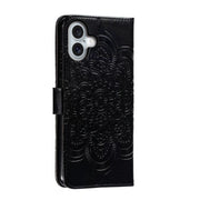 For iPhone 16 Plus Mandala Embossing Pattern Horizontal Flip Leather Phone Case(Black)