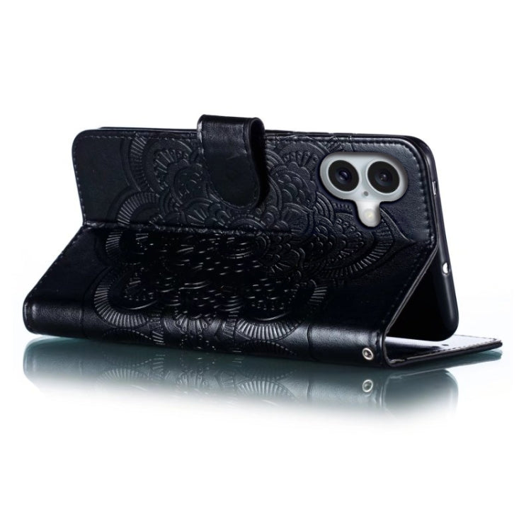 For iPhone 16 Plus Mandala Embossing Pattern Horizontal Flip Leather Phone Case(Black)