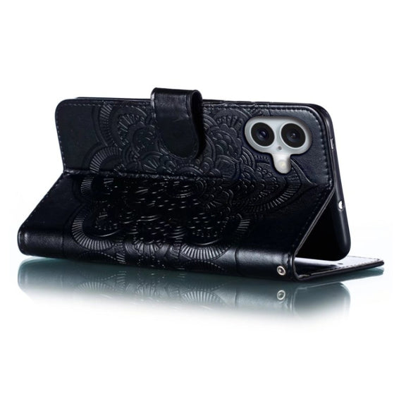 For iPhone 16 Plus Mandala Embossing Pattern Horizontal Flip Leather Phone Case(Black)