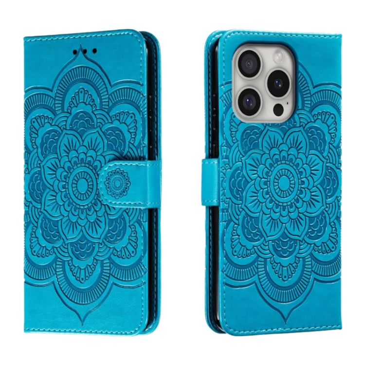 For iPhone 16 Pro Mandala Embossing Pattern Horizontal Flip Leather Phone Case(Blue)