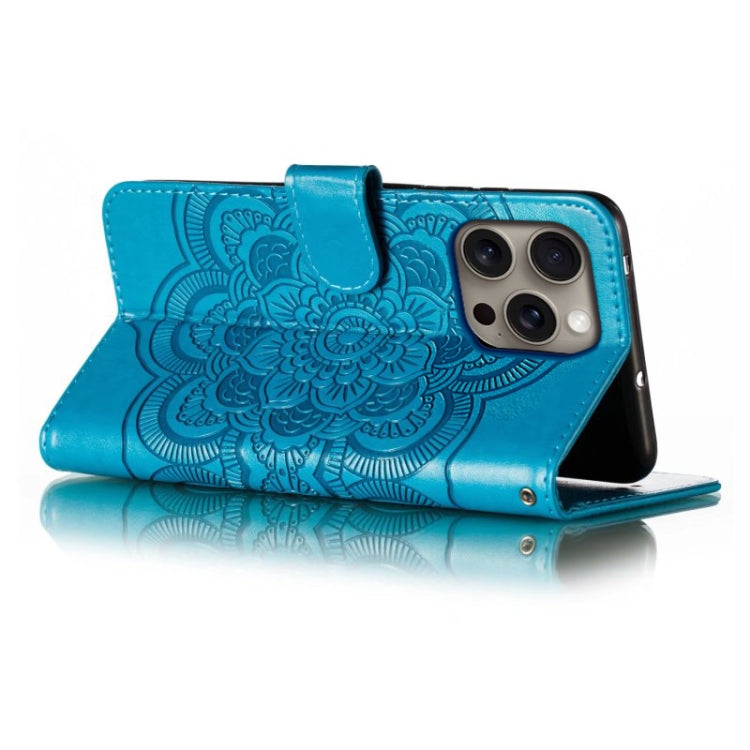 For iPhone 16 Pro Max Mandala Embossing Pattern Horizontal Flip Leather Phone Case(Blue)
