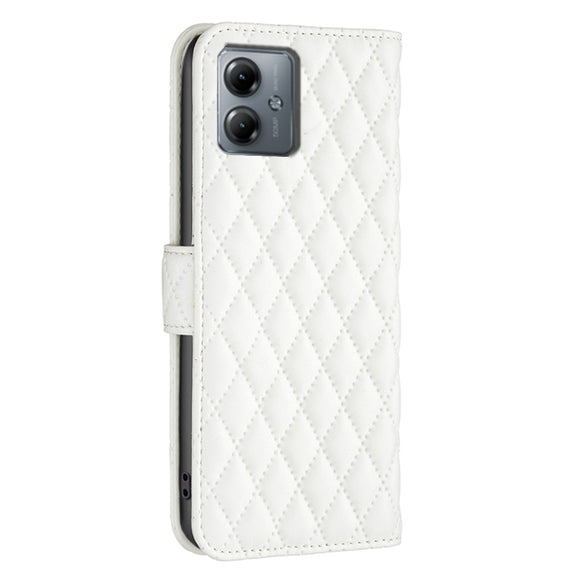 For Motorola Moto G14 4G Diamond Lattice Wallet Flip Leather Phone Case(White)