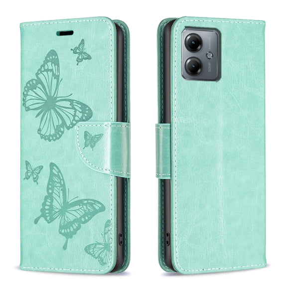 For Motorola Moto G14 4G Embossing Two Butterflies Pattern Leather Phone Case(Green)