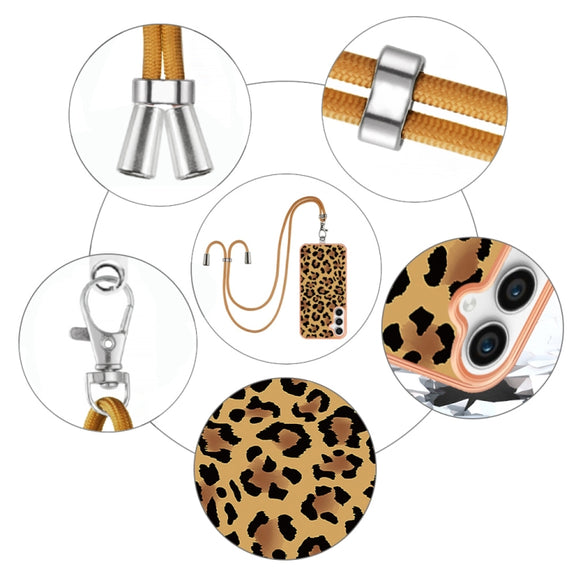 For Samsung Galaxy S23 FE 5G Electroplating Dual-side IMD Phone Case with Lanyard(Leopard Print)