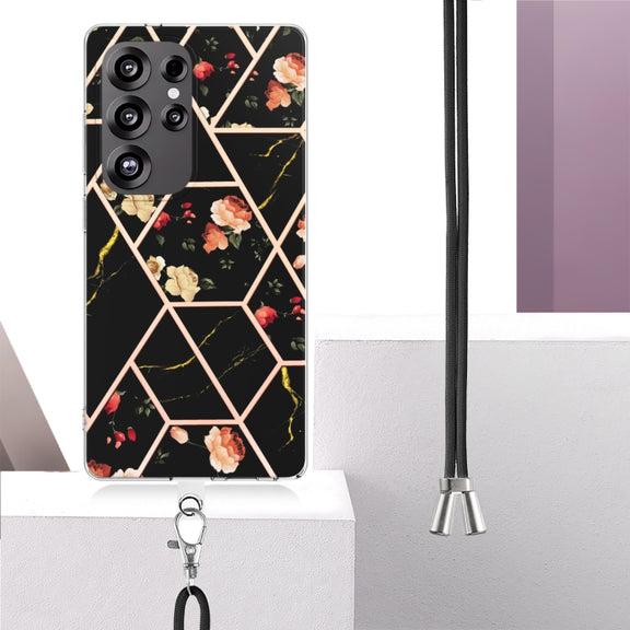 For Samsung Galaxy S25 Ultra 5G Electroplating Splicing Marble Flower IMD TPU Phone Case with Lanyard(Black Flower)