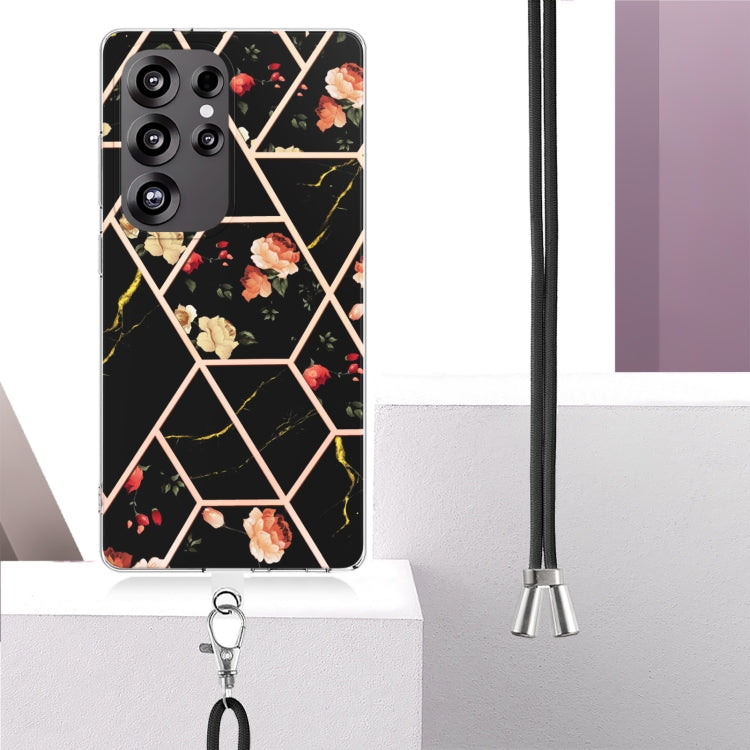 For Samsung Galaxy S25 Ultra 5G Electroplating Splicing Marble Flower IMD TPU Phone Case with Lanyard(Black Flower)