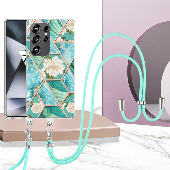 For Samsung Galaxy S25 Ultra 5G Electroplating Splicing Marble Flower IMD TPU Phone Case with Lanyard(Blue Flower)