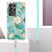 For Samsung Galaxy S25 Ultra 5G Electroplating Splicing Marble Flower IMD TPU Phone Case with Lanyard(Blue Flower)