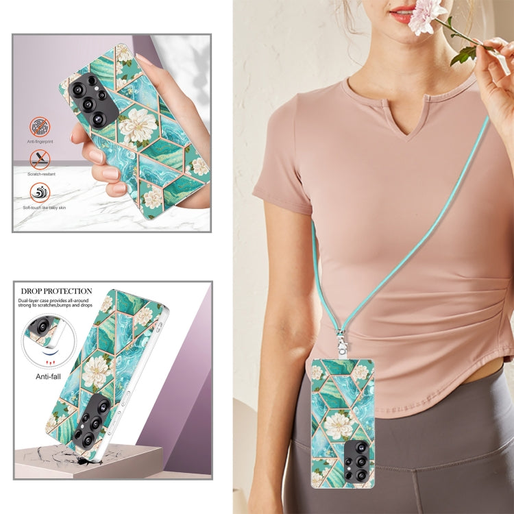For Samsung Galaxy S25 Ultra 5G Electroplating Splicing Marble Flower IMD TPU Phone Case with Lanyard(Blue Flower)