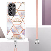 For Samsung Galaxy S25 Ultra 5G Electroplating Splicing Marble Flower IMD TPU Phone Case with Lanyard(Crown)
