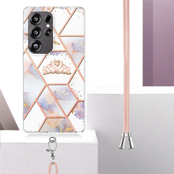 For Samsung Galaxy S25 Ultra 5G Electroplating Splicing Marble Flower IMD TPU Phone Case with Lanyard(Crown)