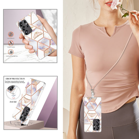 For Samsung Galaxy S25 Ultra 5G Electroplating Splicing Marble Flower IMD TPU Phone Case with Lanyard(Crown)