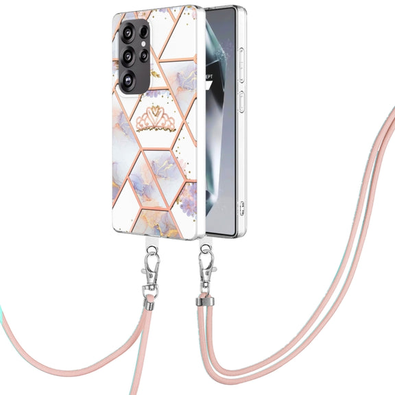 For Samsung Galaxy S25 Ultra 5G Electroplating Splicing Marble Flower IMD TPU Phone Case with Lanyard(Crown)