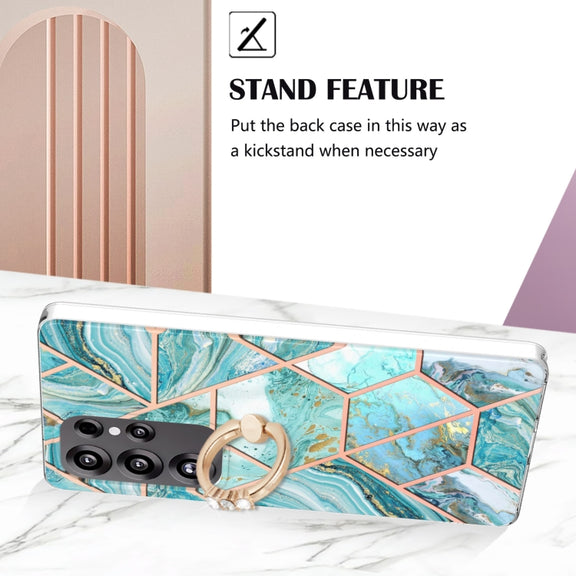 For Samsung Galaxy S25 Ultra 5G Splicing Marble Flower IMD TPU Phone Case Ring Holder(Blue)
