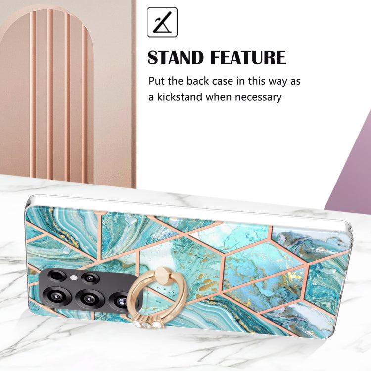 For Samsung Galaxy S25 Ultra 5G Splicing Marble Flower IMD TPU Phone Case Ring Holder(Blue)