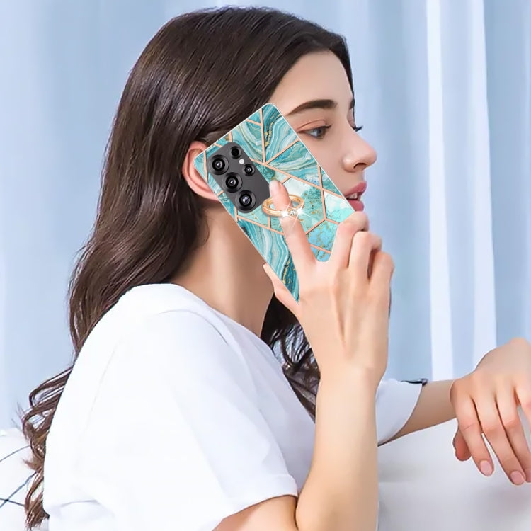 For Samsung Galaxy S25 Ultra 5G Splicing Marble Flower IMD TPU Phone Case Ring Holder(Blue)