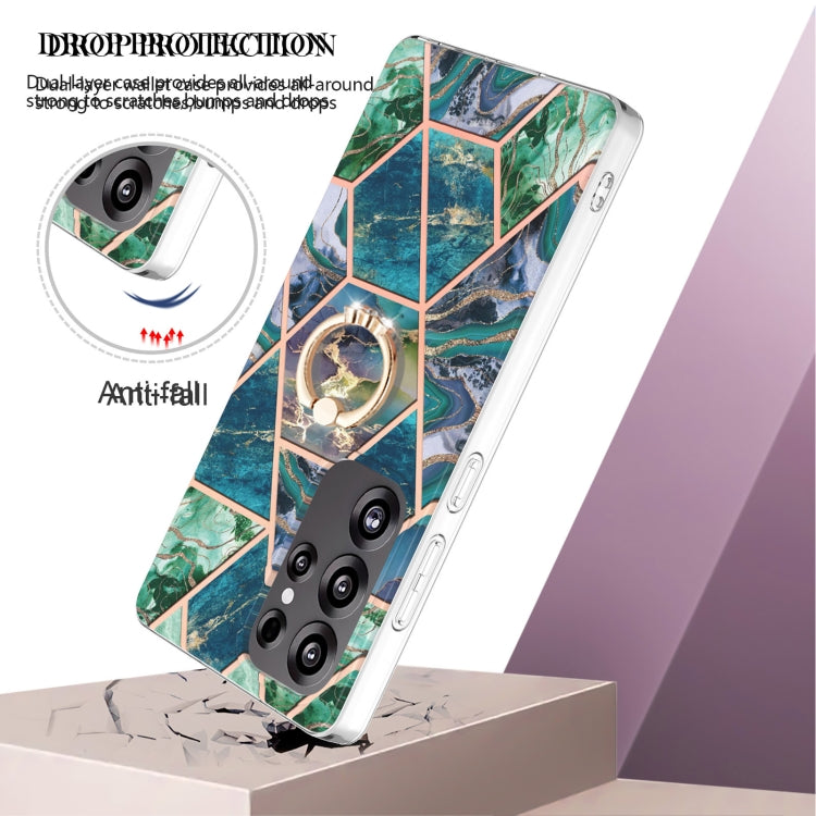 For Samsung Galaxy S25 Ultra 5G Splicing Marble Flower IMD TPU Phone Case Ring Holder(Blue Green)
