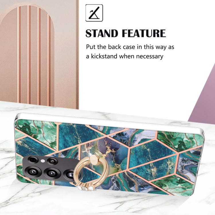 For Samsung Galaxy S25 Ultra 5G Splicing Marble Flower IMD TPU Phone Case Ring Holder(Blue Green)
