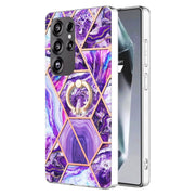 For Samsung Galaxy S25 Ultra 5G Splicing Marble Flower IMD TPU Phone Case Ring Holder(Dark Purple)