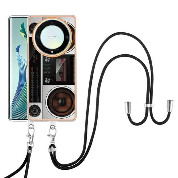 For Honor X9a / Magic5 Lite Electroplating Dual-side IMD Phone Case with Lanyard(Retro Radio)