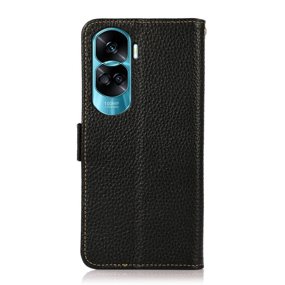 For Honor X50i 5G/90 Lite KHAZNEH Side-Magnetic Litchi Genuine Leather RFID Phone Case(Black)