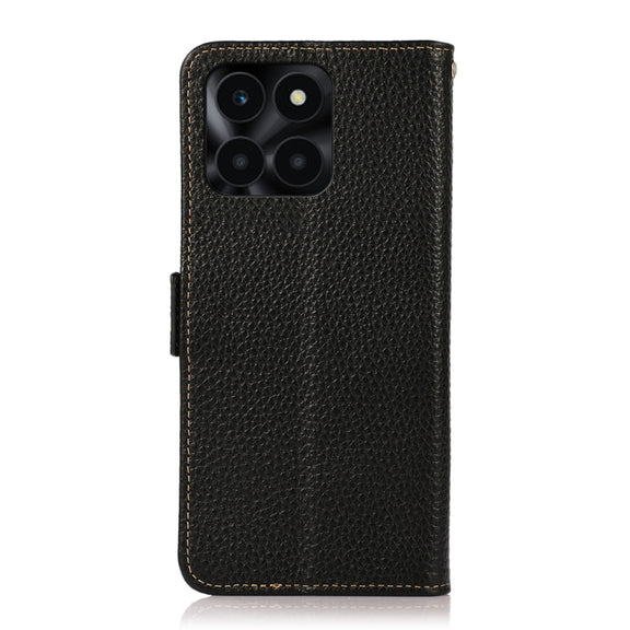 For Honor X6A KHAZNEH Side-Magnetic Litchi Genuine Leather RFID Phone Case(Black)