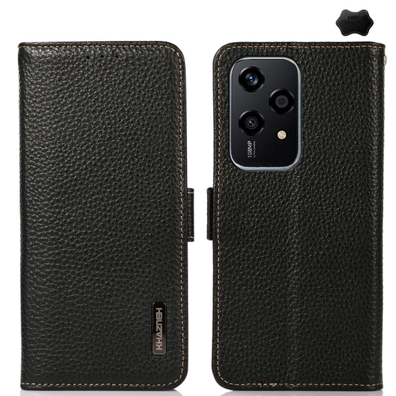 For Honor 200 Lite Global KHAZNEH Side-Magnetic Litchi Genuine Leather RFID Phone Case(Black)