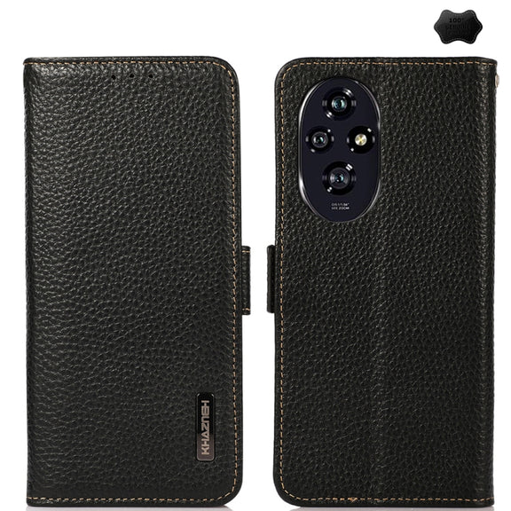 For Honor 200 KHAZNEH Side-Magnetic Litchi Genuine Leather RFID Phone Case(Black)