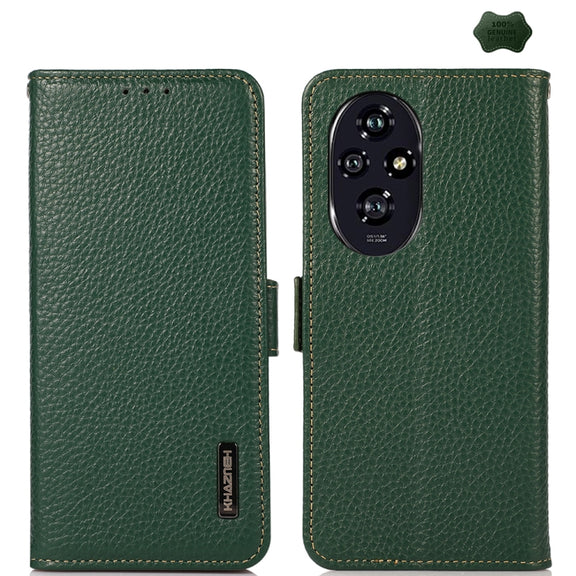 For Honor 200 KHAZNEH Side-Magnetic Litchi Genuine Leather RFID Phone Case(Green)
