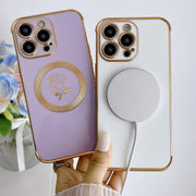For iPhone 15 Pro Electroplate Side Roses Flower MagSafe Phone Case(Dark Purple)