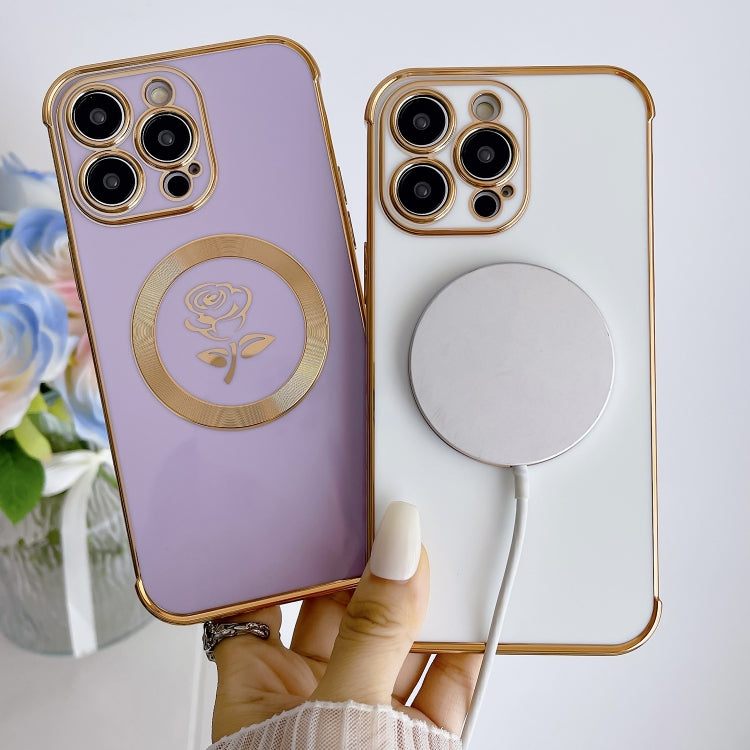 For iPhone 14 Pro Max Electroplate Side Roses Flower MagSafe Phone Case(Blue)