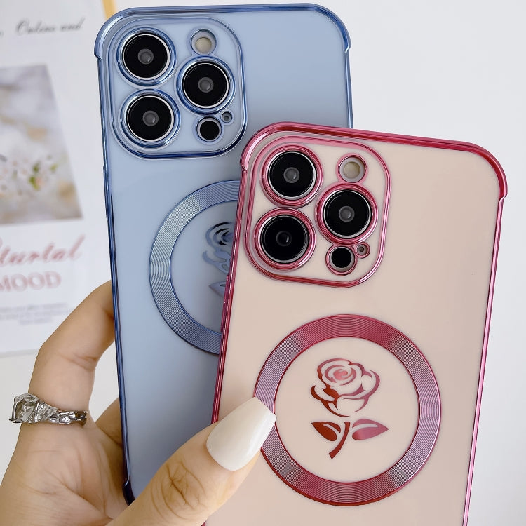 For iPhone 14 Pro Max Electroplate Side Roses Flower MagSafe Phone Case(Blue)