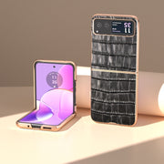 For Motorola Razr 40 Crocodile Texture Genuine Leather Electroplating Phone Case(Black)