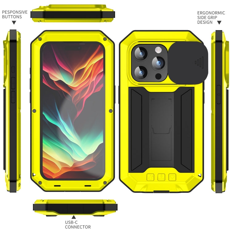 For iPhone 15 Pro Max R-JUST Sliding Camera IP54 Life Water-resistant Holder Phone Case(Yellow)
